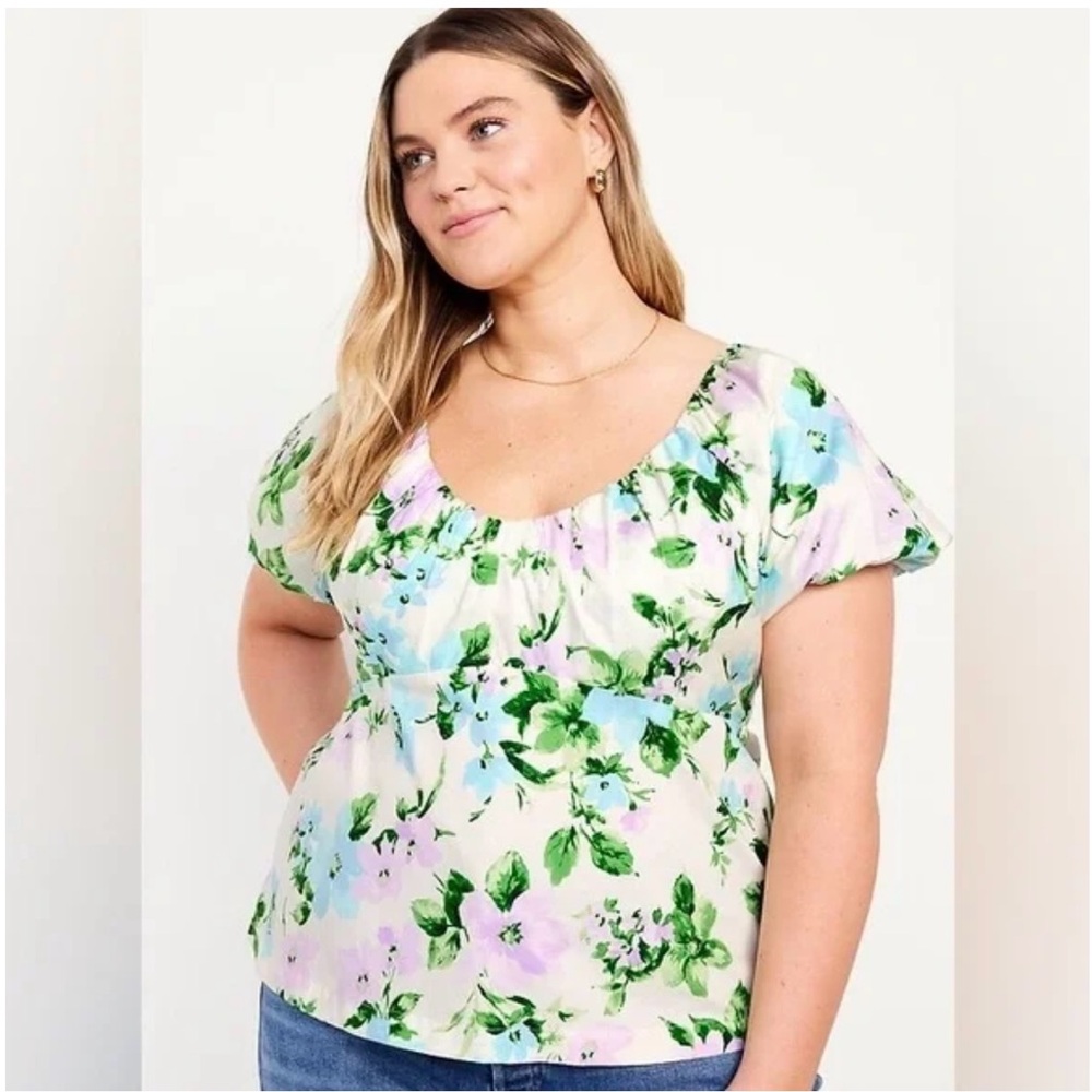 Old Navy White and Green Smocked Blouse